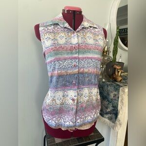 Vintage 100% Cotton 90s Geometric Sleeveless Button Up Blouse